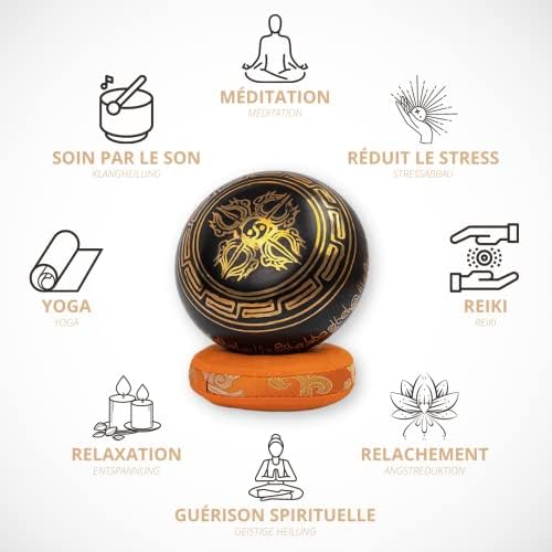 Bol Tibétain | Bol Chantant Tibétain dans Coffret en papier Népalais avec Maillet et Coussin | Magnifique son pour la méditation et la relaxation | Motif de gratitude | Bol noir antique Fait Main - Image 8