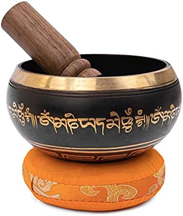 Bol Tibétain | Bol Chantant Tibétain dans Coffret en papier Népalais avec Maillet et Coussin | Magnifique son pour la méditation et la relaxation | Motif de gratitude | Bol noir antique Fait Main