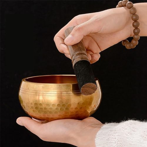 Bol Chantant Tibétain Ensemble,Bol Chantant Artisanal,Bol Musical,Marteau en Bois,Sac en Tissu,Coussin en Soie et 2 Clochettes en Bronze,Maillet Bol Tibétain,Bol Tibétain Chantant(6PCS) - Image 3