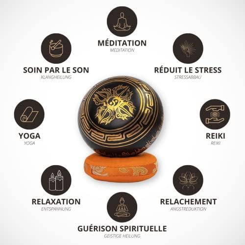 Bol Tibétain | Bol Chantant Tibétain dans Coffret en papier Népalais avec Maillet et Coussin | Magnifique son pour la méditation et la relaxation | Motif de gratitude | Bol noir antique Fait Main - Image 3