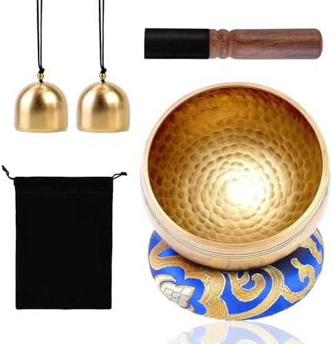 Bol Chantant Tibétain Ensemble,Bol Chantant Artisanal,Bol Musical,Marteau en Bois,Sac en Tissu,Coussin en Soie et 2 Clochettes en Bronze,Maillet Bol Tibétain,Bol Tibétain Chantant(6PCS)