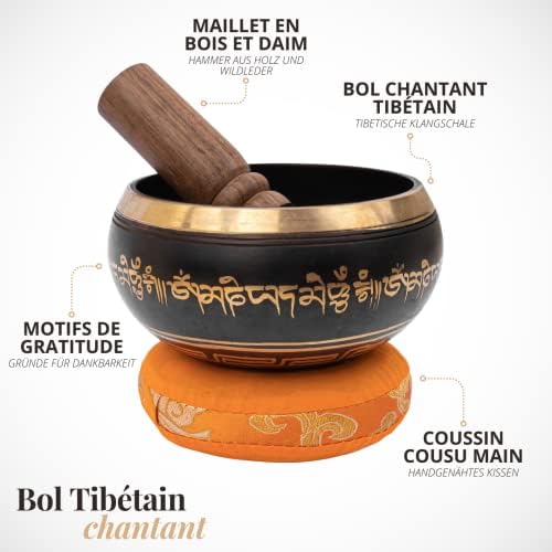 Bol Tibétain | Bol Chantant Tibétain dans Coffret en papier Népalais avec Maillet et Coussin | Magnifique son pour la méditation et la relaxation | Motif de gratitude | Bol noir antique Fait Main - Image 4