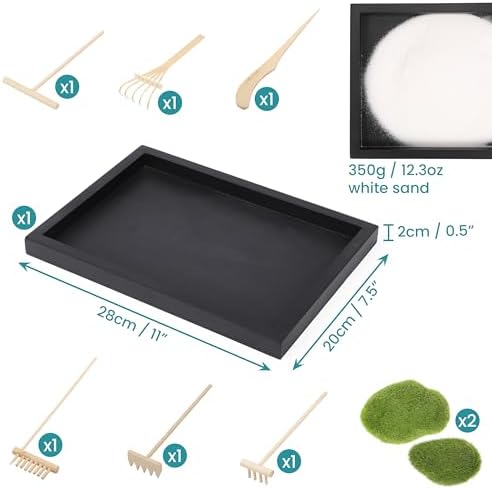 BELLE VOUS Kit Jardin Zen Miniature Japonais - 20 x 28 cm - Coffret Cadeau Jardin Japonais avec Sable, 6 Outils & 11 Éléments - Décoration de la Maison ou du Bureau - Accessoires pour la Méditation - Image 2
