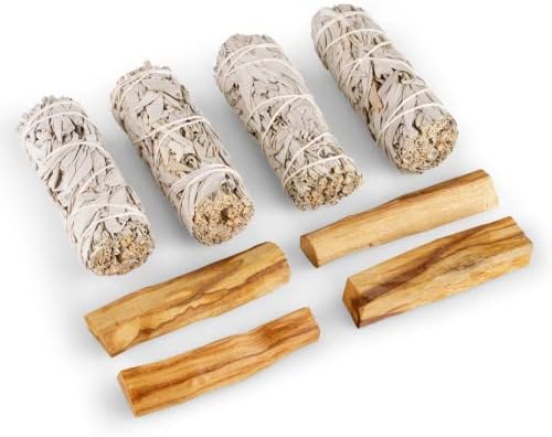 Salvia Blanca - Sauge Blanche Purification de Californie | Encens Protection | Baton Sauge à Bruler | Sahumério Naturel, 4 Sauge Blanche + 4 Sticks Palo Santo, 10cm, Sauge