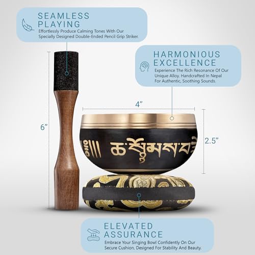 Ensemble de bols de chantant tibétain ~ Design de Équilibre et Harmonie ~ Avec maillet à double surface et coussin de soie ~ Favorise la paix, la guérison des chakras et la pleine conscience - Image 3
