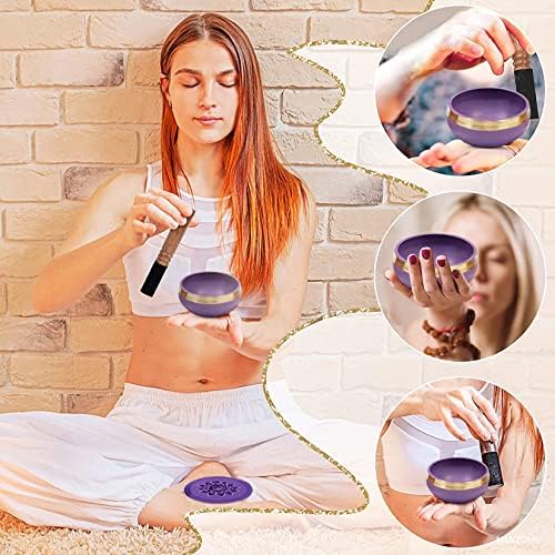 Bol chantant, MKNZOME 3,15'' bol chantant tibétain fabriqué à la main avec pierres de chakra Bol sonore de méditation pour thérapie sonore tibétaine,guérison, yoga, Soulagement de Stress et Anxiété - Image 2