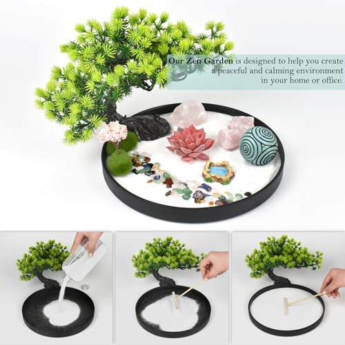 Artcome Jardin de sable zen japonais pour bureau – Plateau rond pour thérapie de méditation – Outil de relaxation et de méditation pour soulager le stress – Accessoires de bureau à la maison et au - Image 3