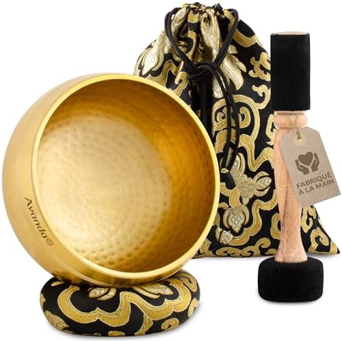 Lot de Bol Chantant Tibétain pour Yoga, Méditation et Détente - Bol Chantant Tibétain Martelé Ø 13,5 cm, Double Maillet avec Feutre et Cuir, Coussin d'Anneau, Sac et Instructions