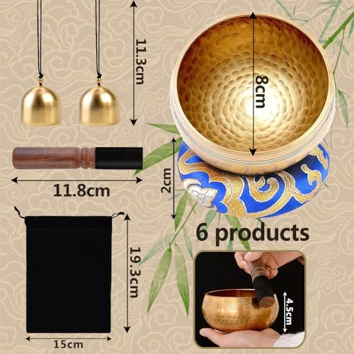 Bol Chantant Tibétain Ensemble,Bol Chantant Artisanal,Bol Musical,Marteau en Bois,Sac en Tissu,Coussin en Soie et 2 Clochettes en Bronze,Maillet Bol Tibétain,Bol Tibétain Chantant(6PCS) - Image 2