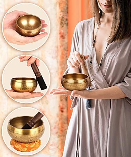 Ensemble de bols chantants tibétains 100 % martelés à la main au Népal avec coussin en soie et maillet de méditation Yoga Chakra Cadeaux pour femmes et hommes (9,5 x 5 cm) - Image 6