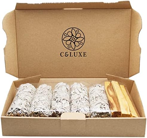 Coffret 5 sauges Blanche (35 GR par Smudge, 10.5 cm) et 5 palo Santo Extra Premium (9.5 à 11 cm), Purification d'air, Anti Stress, méditation
