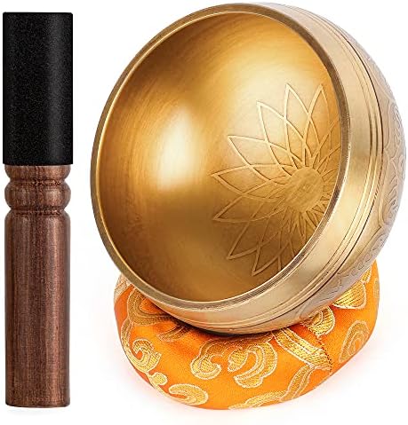 Ensemble de bols chantants tibétains 100 % martelés à la main au Népal avec coussin en soie et maillet de méditation Yoga Chakra Cadeaux pour femmes et hommes (9,5 x 5 cm)