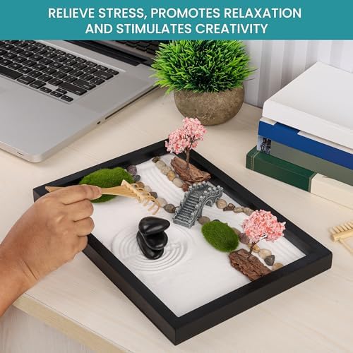BELLE VOUS Kit Jardin Zen Miniature Japonais - 20 x 28 cm - Coffret Cadeau Jardin Japonais avec Sable, 6 Outils & 11 Éléments - Décoration de la Maison ou du Bureau - Accessoires pour la Méditation - Image 6