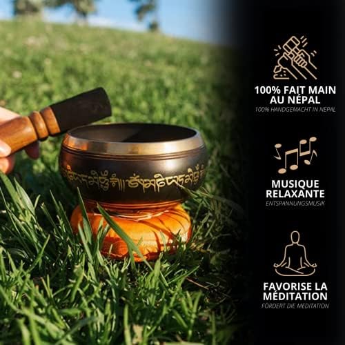 Bol Tibétain | Bol Chantant Tibétain dans Coffret en papier Népalais avec Maillet et Coussin | Magnifique son pour la méditation et la relaxation | Motif de gratitude | Bol noir antique Fait Main - Image 2
