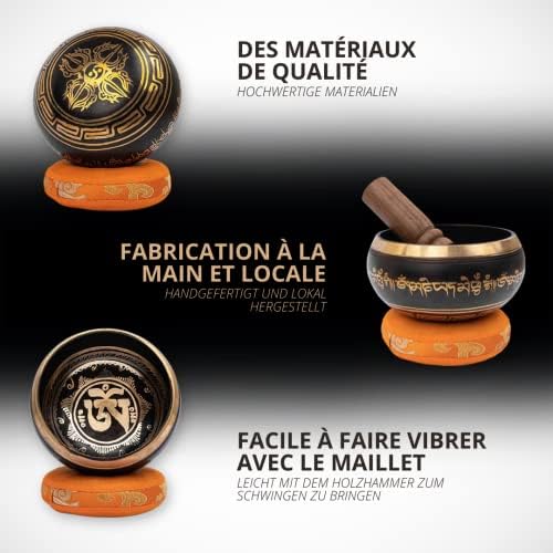 Bol Tibétain | Bol Chantant Tibétain dans Coffret en papier Népalais avec Maillet et Coussin | Magnifique son pour la méditation et la relaxation | Motif de gratitude | Bol noir antique Fait Main - Image 5