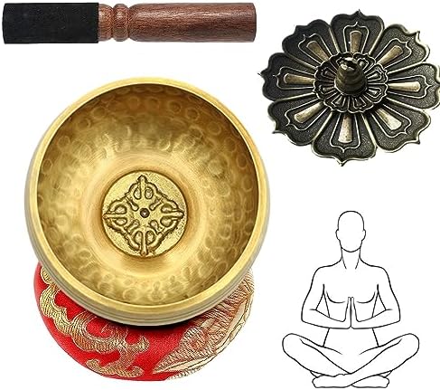 Ensemble de Bols Chantants Tibétains, Bol de Méditation avec Maillet en Bois/Coussin de Soie/Brûleur d'encens, Bols Chantants Tibétains pour Relaxation Mentale/Yoga/Méditation Pleine Conscience