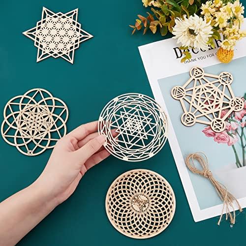 CHGCRAFT 6 Ensembles 6 Style 3.9 pouces Géométrie Sacrée Art Mural Ensemble Méditation Chakra Sculpture Murale en Bois Fleur de Vie Tableau Grille pour Yoga Salle de Méditation Décoration D'Intérieur - Image 3