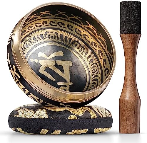 Ensemble de bols de chantant tibétain ~ Design de Équilibre et Harmonie ~ Avec maillet à double surface et coussin de soie ~ Favorise la paix, la guérison des chakras et la pleine conscience