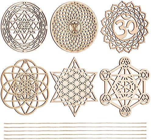 CHGCRAFT 6 Ensembles 6 Style 3.9 pouces Géométrie Sacrée Art Mural Ensemble Méditation Chakra Sculpture Murale en Bois Fleur de Vie Tableau Grille pour Yoga Salle de Méditation Décoration D'Intérieur
