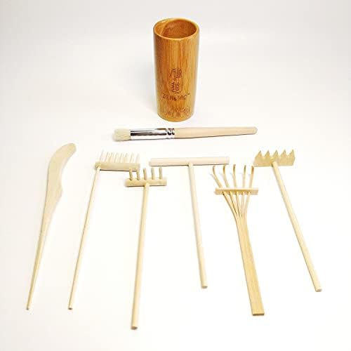 ZEN&TAO Jardin zen japonais, plateau en bois dur (Paulownia), 15 caractéristiques, ensemble complet d'outils dans support en bambou, pour la méditation et la relaxation (taille XL, plateau noir) - Image 7