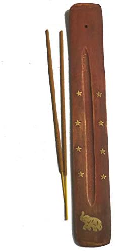 Chill French Porte/Support bâton Encens Traditionnel d'Inde en Bois de manguier 25cm – Incrustations dorées en Laiton - brûleur d'encens (Éléphant)