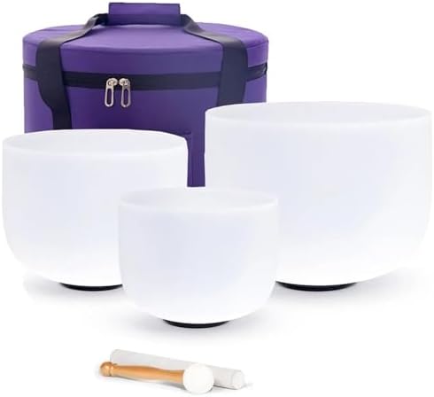 Ensemble De 3 Bols Chantants en Cristal De Quartz Givré Chakra, 7" G + 9" E + 11 "C, avec Étui, Bol Tibétain Maillet en Daim Et Joints Toriques pour Guérison du Son