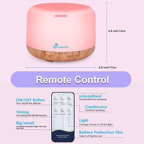 Diffuserlove Diffuseur d'Huiles Essentielles Electrique 500ML Télécommande Arômes Humidificateurs avec Design Muet, Minuterie et Arrêt Automatique sans Eau pour Bureau Salon, LED - Image 2