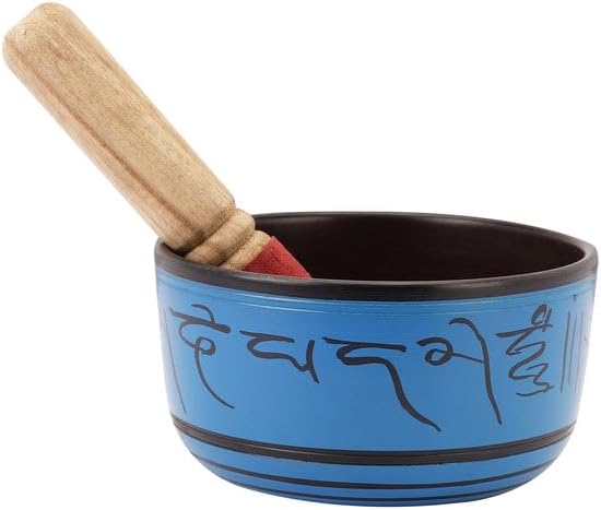 Amilav Collections Ensemble de Bols Chantants Tibétains en MÉTAL PEINT À LA MAIN - Grand Instrument de Muque de 20,3 CM AVEC Bâton en Bois - Pour la Méditation, Le Yoga et la Guérison - Om Mani