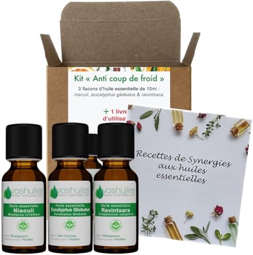 VOSHUILES - Kit Hiver Anti Coup de Froid - 3 Huiles Essentielles Bio - 100% Pure et Naturelle - HEBBD, Ecocert - Eucalyptus Globulus, Niaouli, Ravintsara - Applications Diverses - 3x10ml