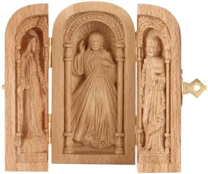 MSUIINT Boîte de Sainte Famille Portative D'église Portative Sculptée à la Main, Autel Catholique en Bois pour la Maison, Petite Boîte en Bois Sculptée à la Main Cadeau Religieux D'autel(Brun)