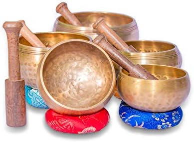 Lot de 5 bols chantants tibétains authentiques à 7 métaux pour yoga, guérison des chakras, relaxation profonde, soulagement du stress et pleine conscience, Fabriqué à la main au Népal, avec coussins - Image 5
