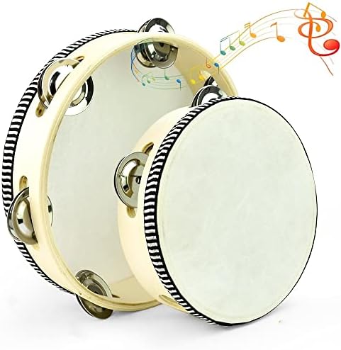RECHCIGA Lot de 2 tambours à main (6 pouces et 8 pouces) pour enfants, tambourin, bois de tambourin, tambourin, tambourin avec cloches, tambour à main en bois pour enfants, danse et accompagnement de