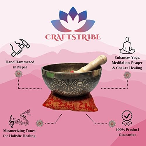 CRAFTSTRIBE Grand bol chantant tibétain martelé à la main de 28 cm avec millet et coussin en soie - Image 6