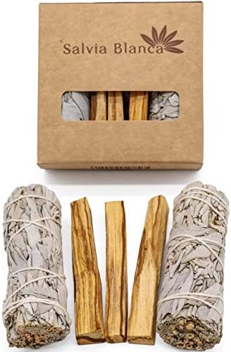 Salvia Blanca - Sauge Blanche Purification de Californie 10cm/25g | Encens Protection Naturelle | Bâton Sauge pour Purification Maison | Durable, 3 Bâtons Palo Santo + 2 Bâtonnets, Bois, Palo Santo