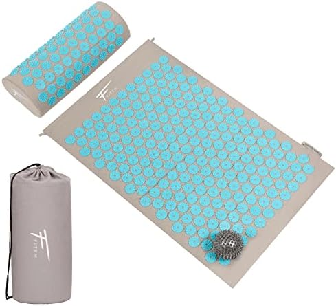 Fitem - Kit d'acupression - Relaxation Musculaire - Tapis, Coussin Fleur, Sac, Boule de Massage, Soulage douleurs Dos et Cou. (gris-turquoise)
