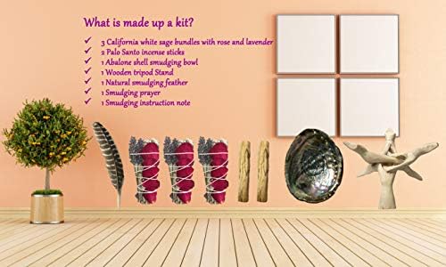 Tomoko Kit de Sauge Blanche Avec 3 Sauges Blanches Avec Rose et Lavande, 2 Palo Santo, Coquille d'Ormeau, Trépied en Bois et Plume. Guérison, purifiant, médiant, Encens et netoyage - Image 2