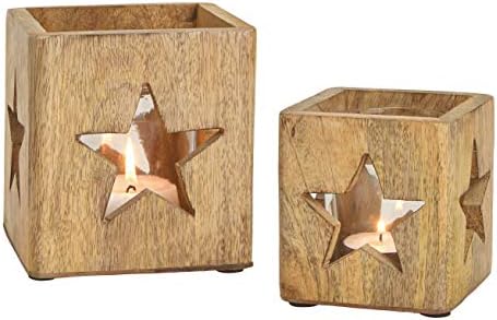 Spetebo Lot de 2 Photophores en Bois de Manguier - AVEC INSERT EN VERRE / DÉCOR ÉTOILE - BOUGEOR EN BOIS