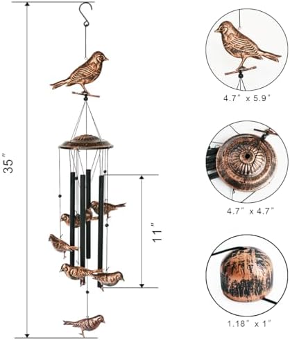 Blessedland oiseaux carillons-4 tubes créux en métal -Wind Bells et oiseaux wind chime avec s crochet coulet Interieur et extérieur noir, cuivre l 36x dia.4.72 Pouces - Image 2