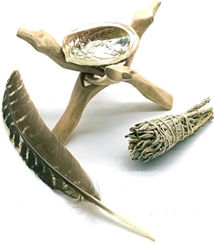 CRIGEMA - Kit Smudge Set – Sauge blanche et coquillage d'Abalone, avec trépied en bois de couleur naturelle et plume de taloche