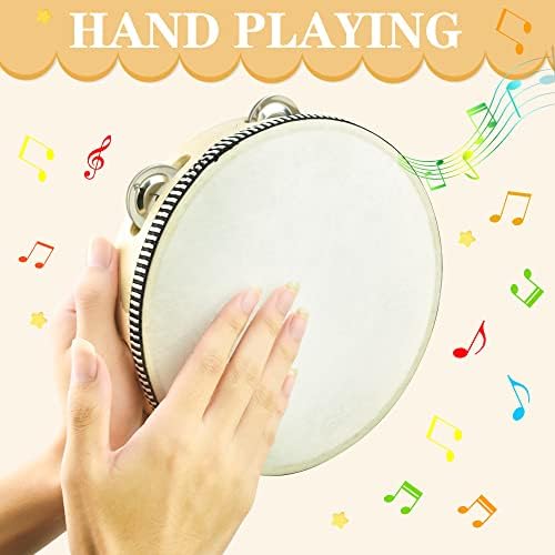 RECHCIGA Lot de 2 tambours à main (6 pouces et 8 pouces) pour enfants, tambourin, bois de tambourin, tambourin, tambourin avec cloches, tambour à main en bois pour enfants, danse et accompagnement de - Image 4