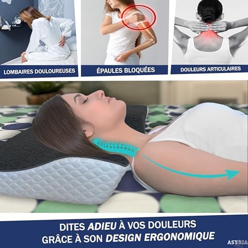oreiller ergonomique cervical , coussin à mémoire de forme ,OFFERT: eBook + Masque + Boules Quies, oreillers anti-ronflement , redresseur cervical douloureuses, coussin orthopédique, 60 x 33 x 12/7cm - Image 3