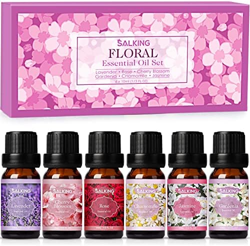 Salking Floral Huiles Essentielles, 6x10ml 100% Huile Essentiellle Bio pour diffuseurs, humidificateurs, massage, lavande, rose, jasmin, camomille, garddénia, fleurs de Cerisier