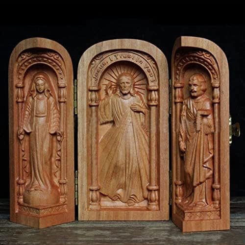 MSUIINT Boîte de Sainte Famille Portative D'église Portative Sculptée à la Main, Autel Catholique en Bois pour la Maison, Petite Boîte en Bois Sculptée à la Main Cadeau Religieux D'autel(Brun) - Image 2