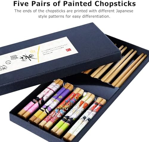 ZFYQ Set de Baguettes, 5 Paires de Baguettes Imprimé Style Japonais Baguettes en Bambou Naturel dans Boîte Cadeau Noire Faite à la Main, Ménage Restaurant Baguettes en Bois - Image 2