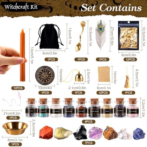 VIPNAJI 64PC Fournitures de Sorcellerie Ensemble de Sorcellerie Kit de Sorcellerie Bougies Candle Magiques Colorées Pierre Naturelles Pièces de Cristal,Fleur Séchée Utilisée pour la Prière,Mantra,Magie - Image 2