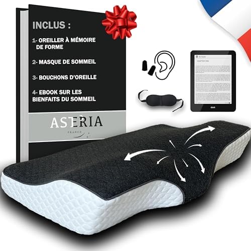 oreiller ergonomique cervical , coussin à mémoire de forme ,OFFERT: eBook + Masque + Boules Quies, oreillers anti-ronflement , redresseur cervical douloureuses, coussin orthopédique, 60 x 33 x 12/7cm