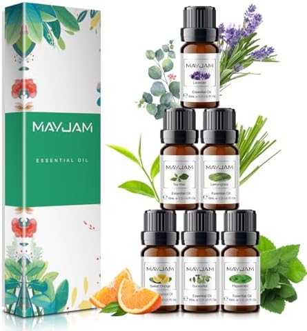 Mayjam Huile Essentiellle aromathérapie 6 x 10 ml, coffret huiles Essentielles verser diffuseur pure naturelle, huile parfume eucalyptus, menthe poivrée, lavande, tee arbre, citronnelle, orange