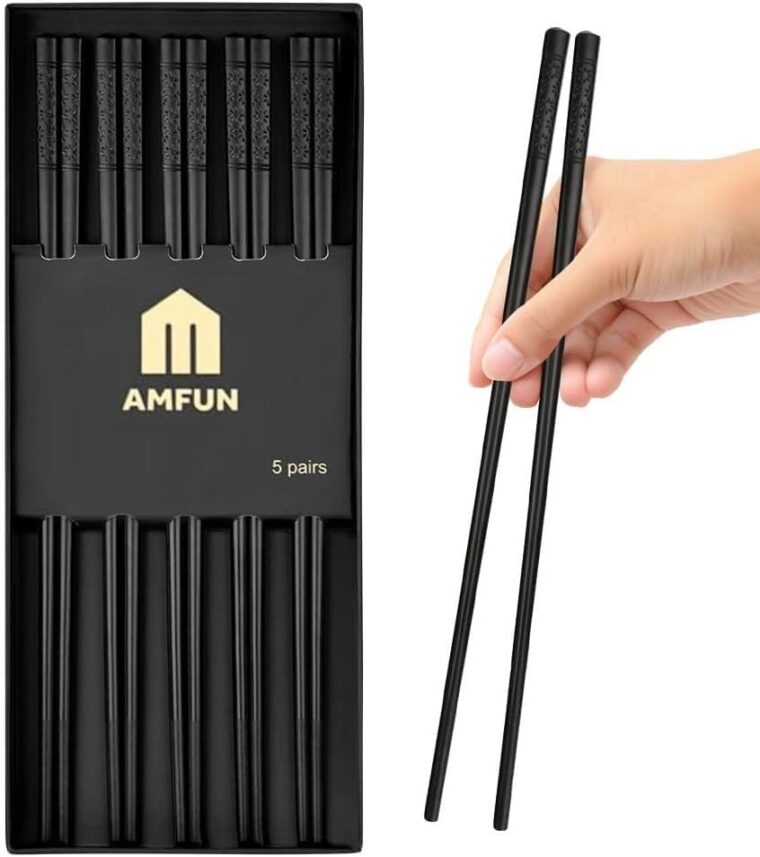 AMFUN 5 Paires Baguettes Chinoises, 24cm Baguettes Alliage Acier Inoxydable, Réutilisable Baguette en Métal avec Motif Fleur de Cerisier, pour Maison Cuisine Hôtel