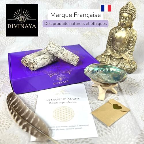 DIVINAYA Coffret 3 bâtons de Sauge Blanche à bruler, 1 Coquille d'Ormeau, 1 Plume, 1 Trépied, Sable et 1 Livret Rituels de Purification, Maison, Méditation. Qualité Premium. Cadeau Spirituel et Zen. - Image 2