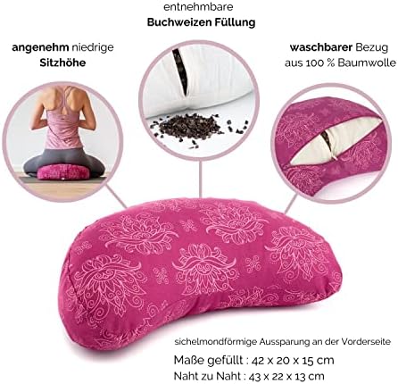 Bodhi Yogi Collection Maharaja Coussin de Méditation en Forme de Croissant de Lune, Garni de Cosses de Sarrasin, AVEC Housse AMOVIBLE EN COTON, HOUSSE À MOTIF - Image 3